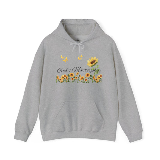 Christ Centered Faith women's Christian hoodie with "God's Masterpiece" text in black surrounded by sunflowers and yellow butterflies on gray background.