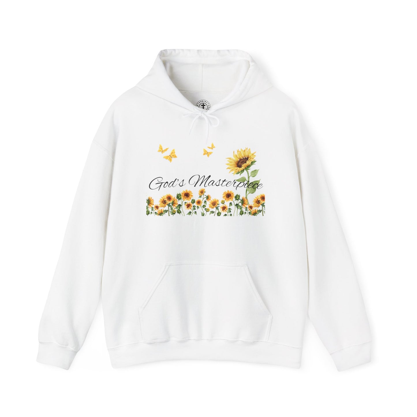 Christ Centered Faith women's Christian hoodie with "God's Masterpiece" text in black surrounded by sunflowers and yellow butterflies on white background.
