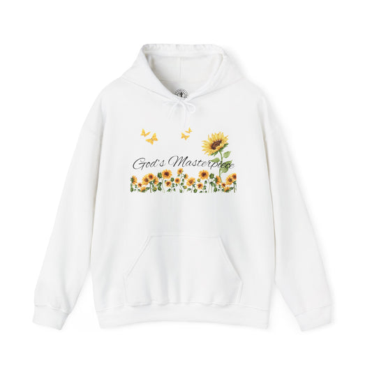 Christ Centered Faith women's Christian hoodie with "God's Masterpiece" text in black surrounded by sunflowers and yellow butterflies on white background.