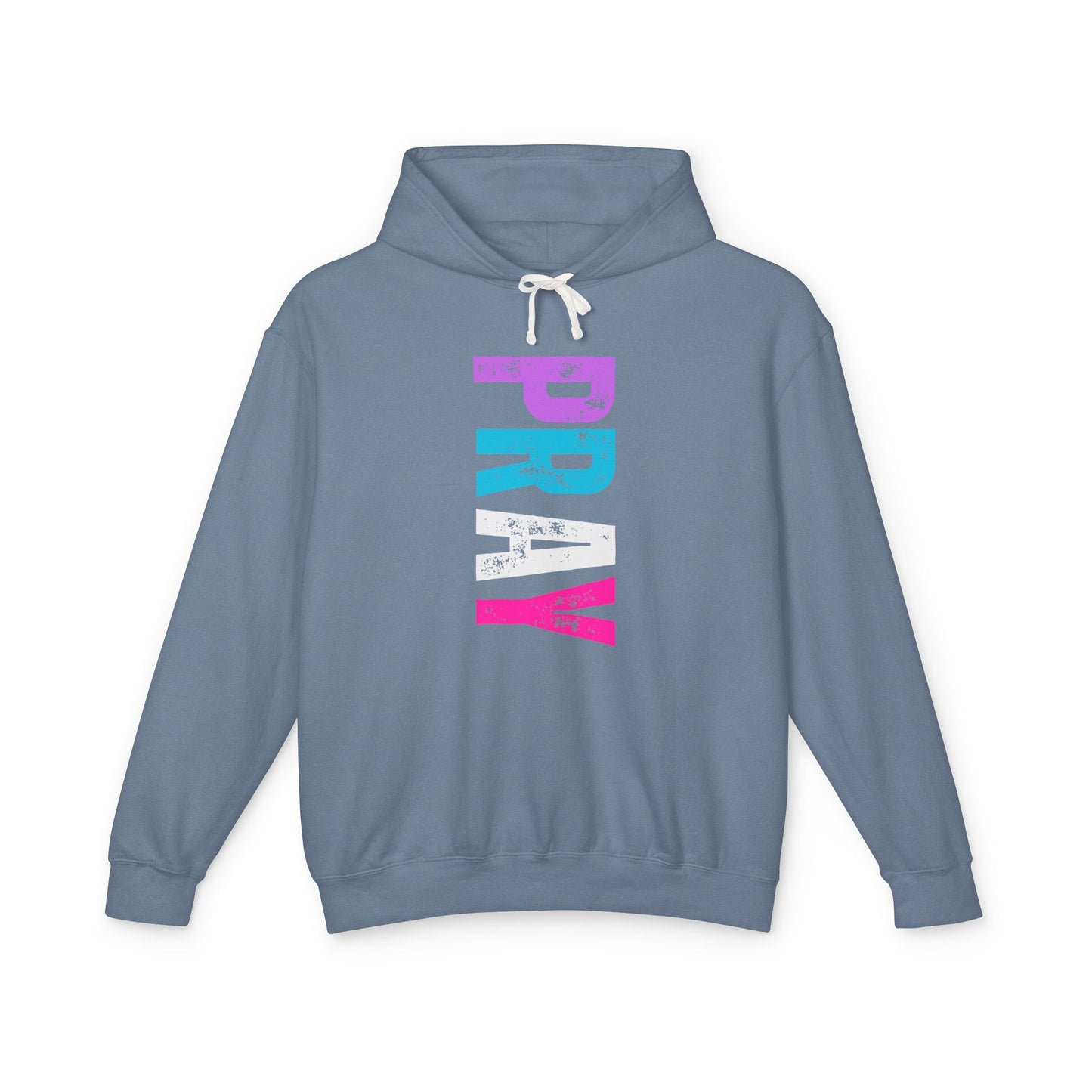 Christ Centered Faith women's Christian hoodie with multicolor "Pray" text on gray background.