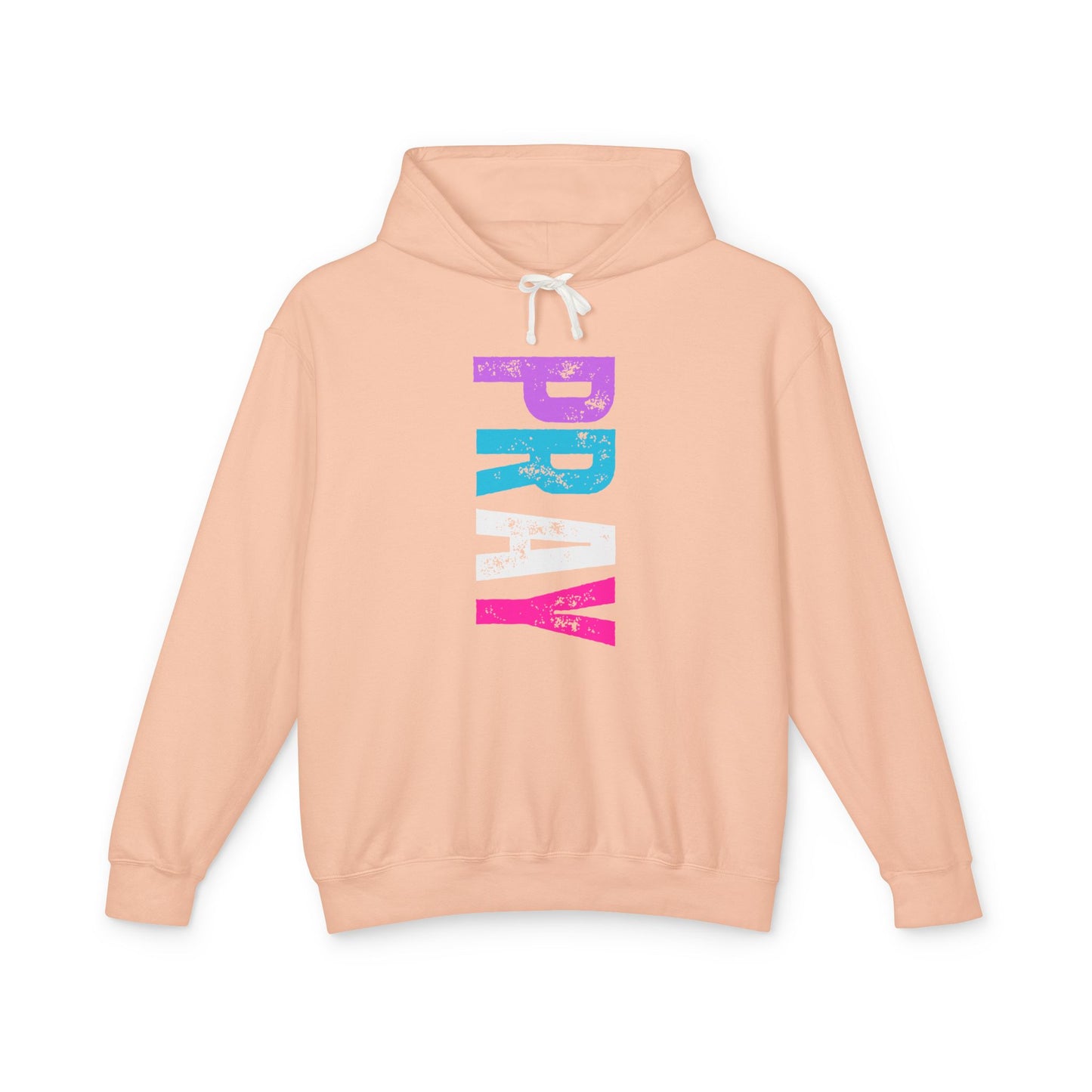 Christ Centered Faith women's Christian hoodie with multicolor "Pray" text on peach background.