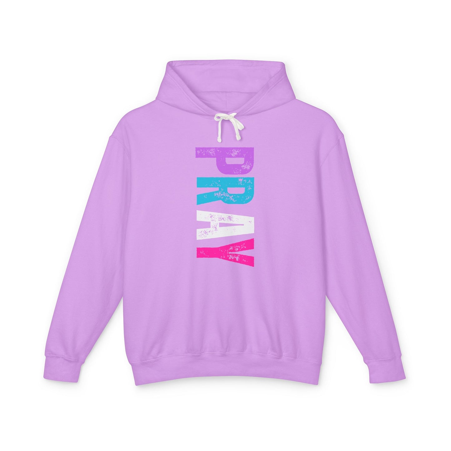 Christ Centered Faith women's Christian hoodie with multicolor "Pray" text on lavender background.