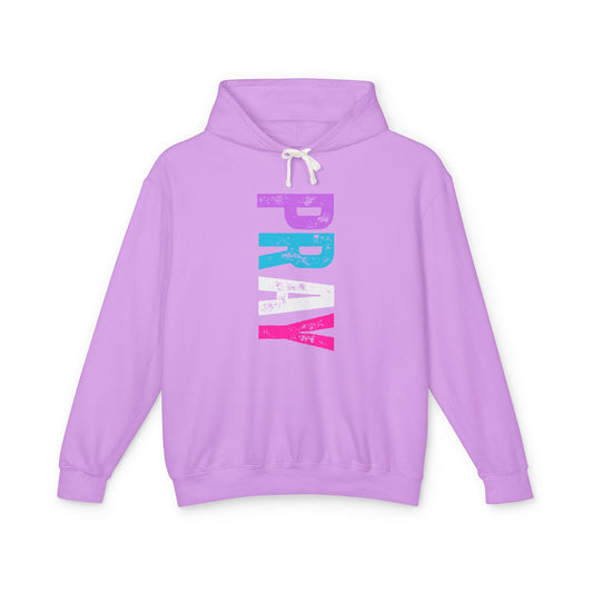 Christ Centered Faith women's Christian hoodie with multicolor "Pray" text on lavender background.