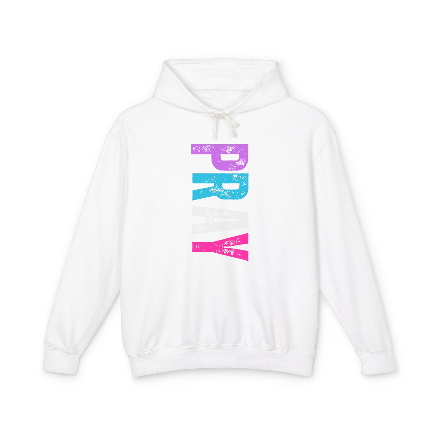 Christ Centered Faith women's Christian hoodie with multicolor "Pray" text on white background.