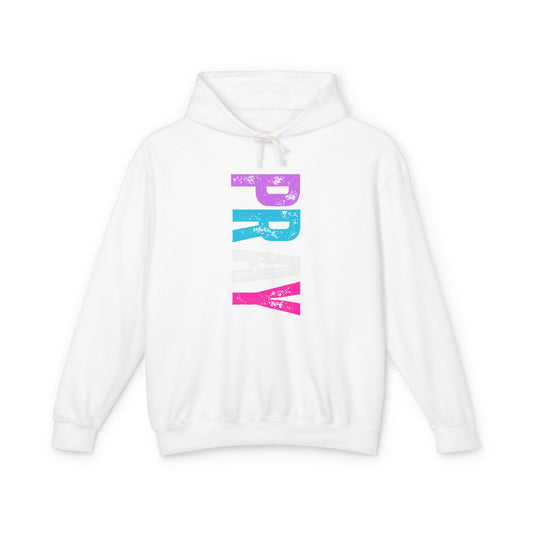 Christ Centered Faith women's Christian hoodie with multicolor "Pray" text on white background.