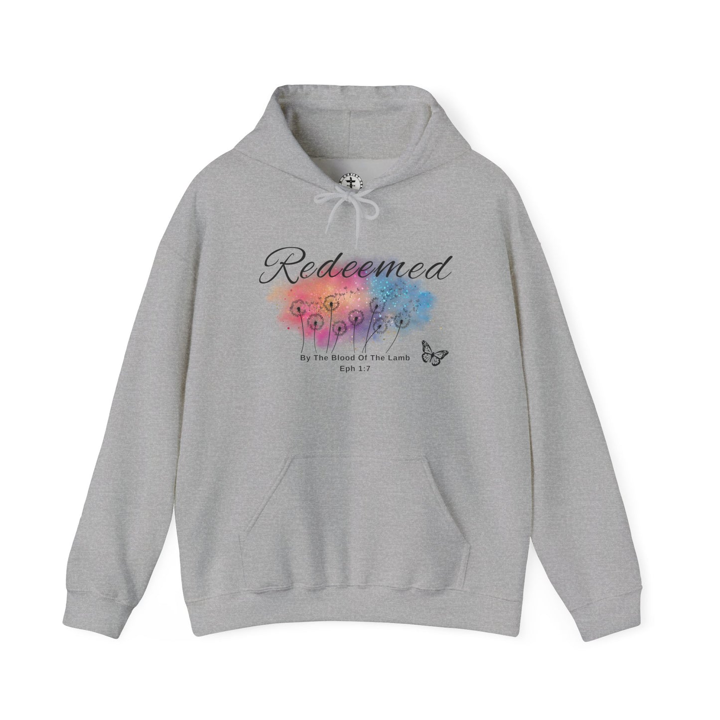 Christ Centered Faith women's Christian hoodie with "Redeemed By The Blood Of The Lamb" and Ephesians 1:7 Bible verse text in black over a multicolor watercolor mark with black butterfly and dandelions on gray background.