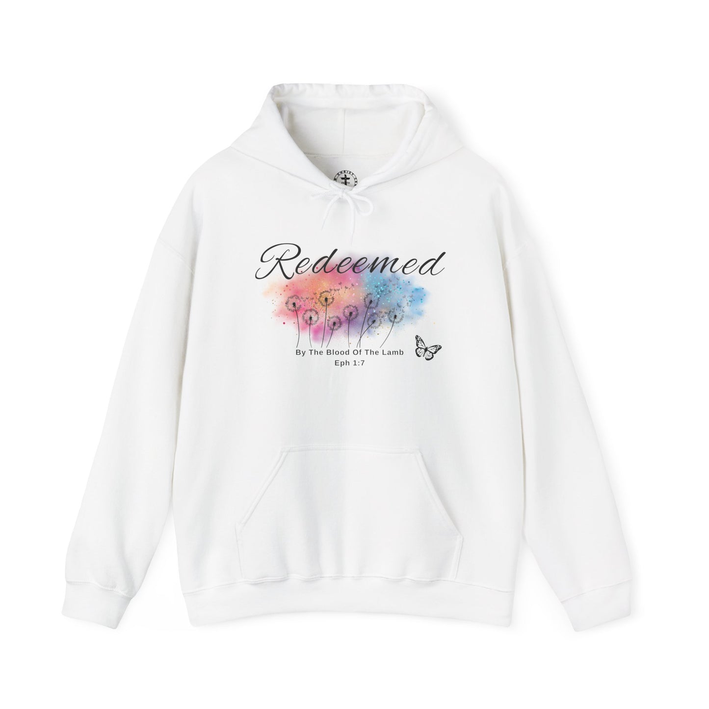 Christ Centered Faith women's Christian hoodie with "Redeemed By The Blood Of The Lamb" and Ephesians 1:7 Bible verse text in black over a multicolor watercolor mark with black butterfly and dandelions on white background.