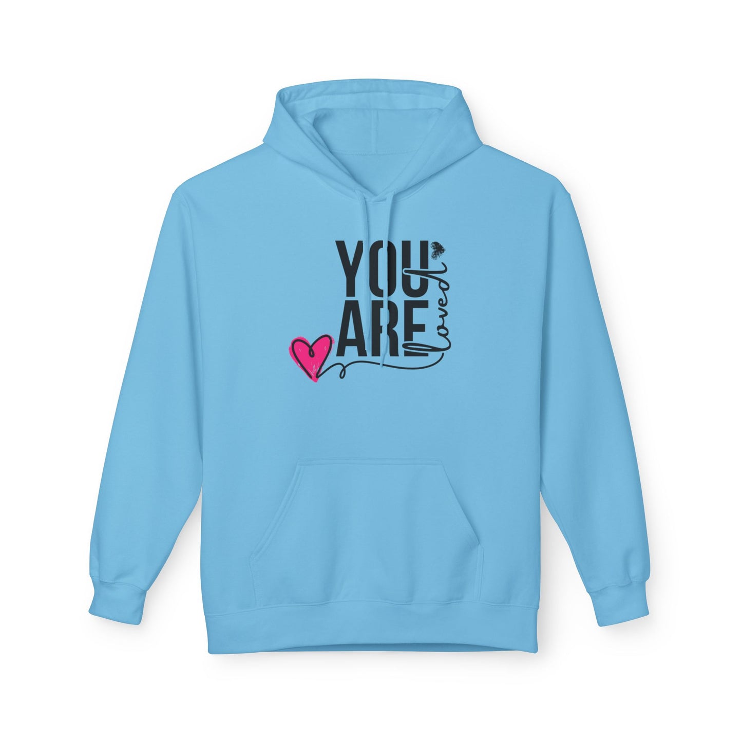 Christ Centered Faith women's Christian hoodie with "You Are Loved" text in black and pink heart on blue background.