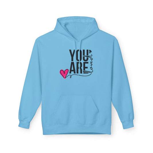 Christ Centered Faith women's Christian hoodie with "You Are Loved" text in black and pink heart on blue background.