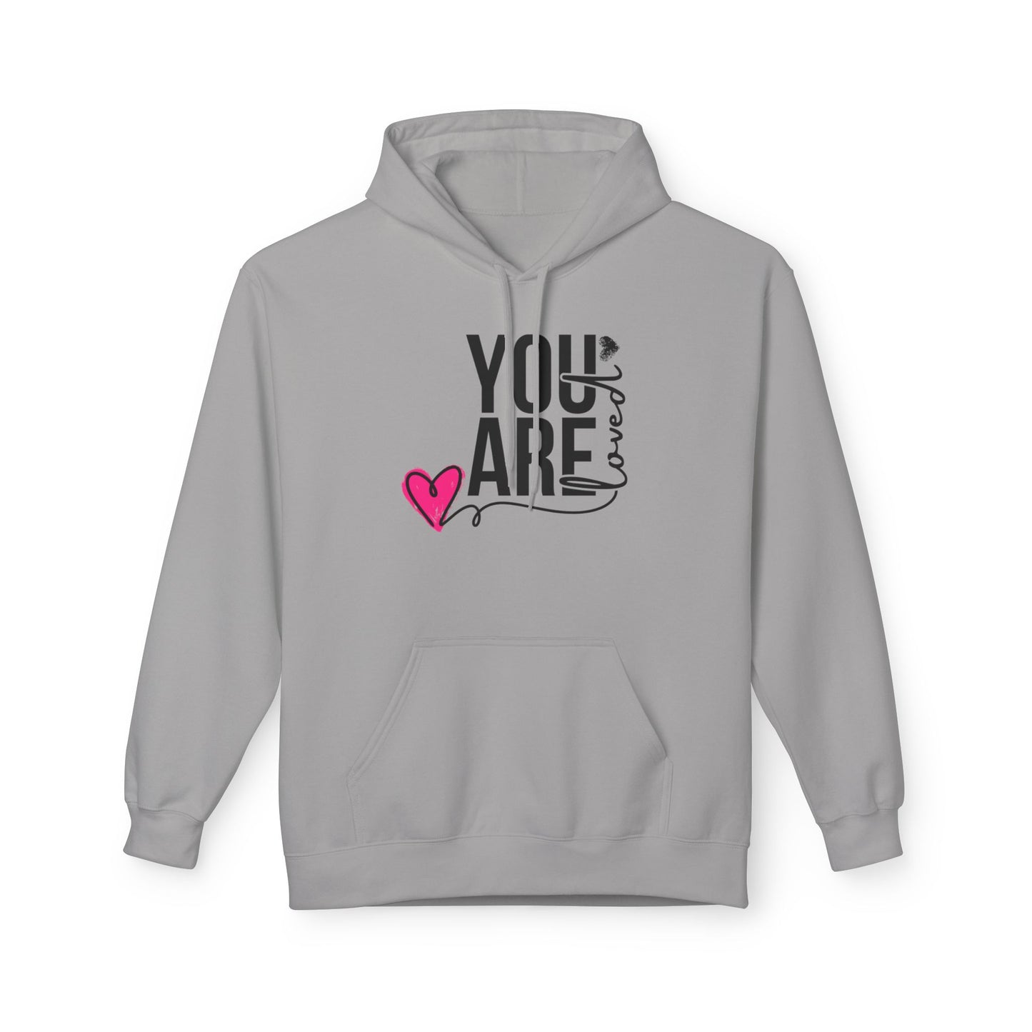 Christ Centered Faith women's Christian hoodie with "You Are Loved" text in black and pink heart on gray background.