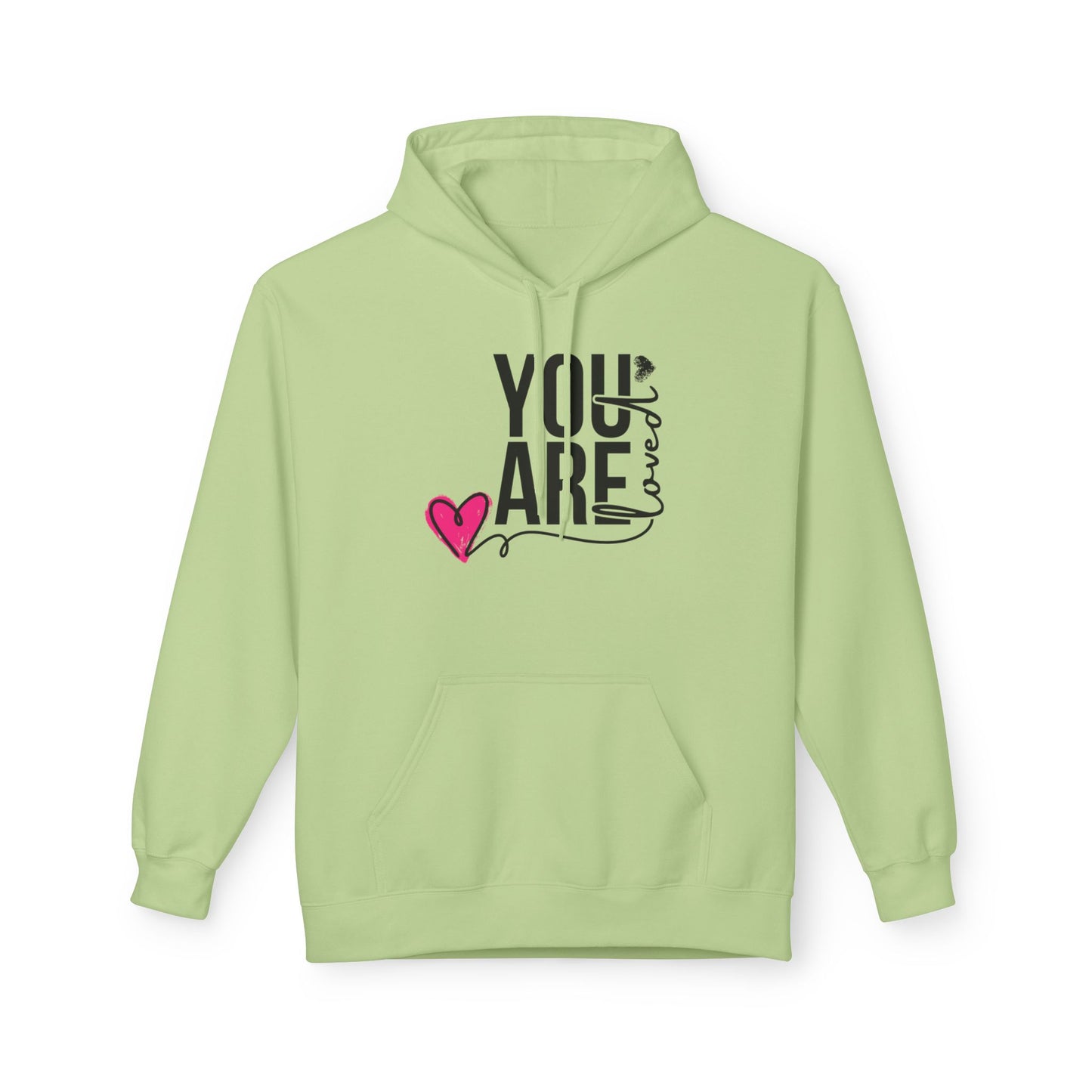 Christ Centered Faith women's Christian hoodie with "You Are Loved" text in black and pink heart on green background.