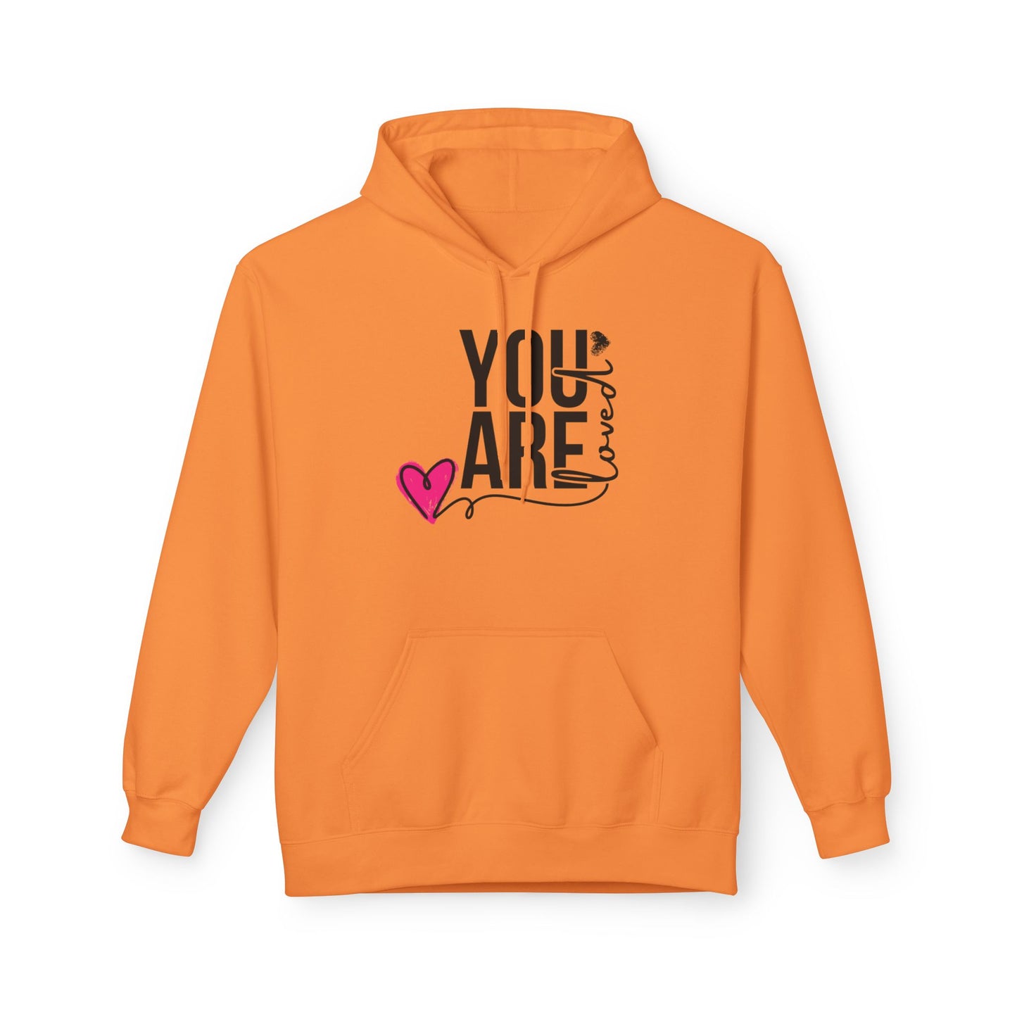 Christ Centered Faith women's Christian hoodie with "You Are Loved" text in black and pink heart on orange background.