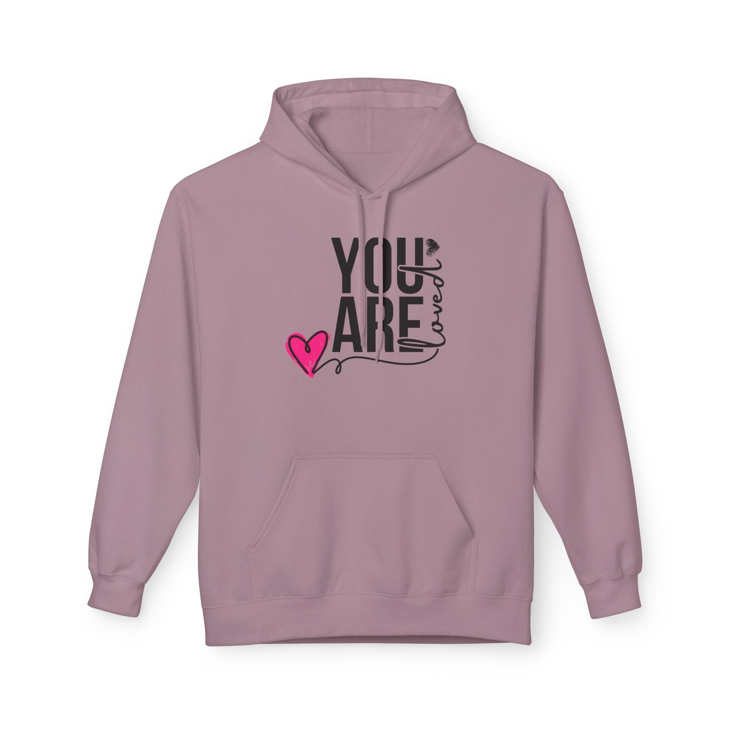 Christ Centered Faith women's Christian hoodie with "You Are Loved" text in black and pink heart on violet background.