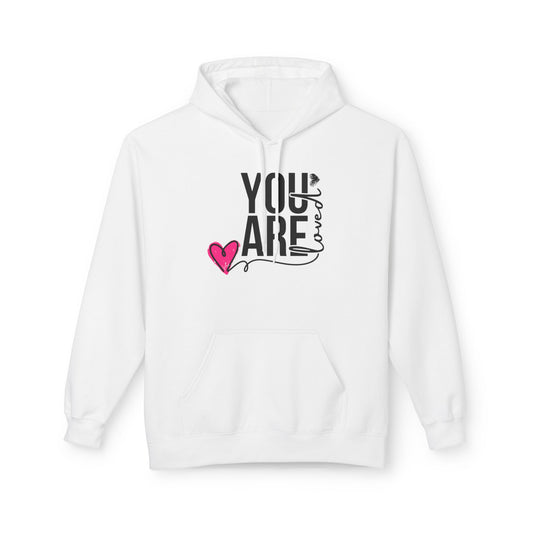 Christ Centered Faith women's Christian hoodie with "You Are Loved" text in black and pink heart on white background.