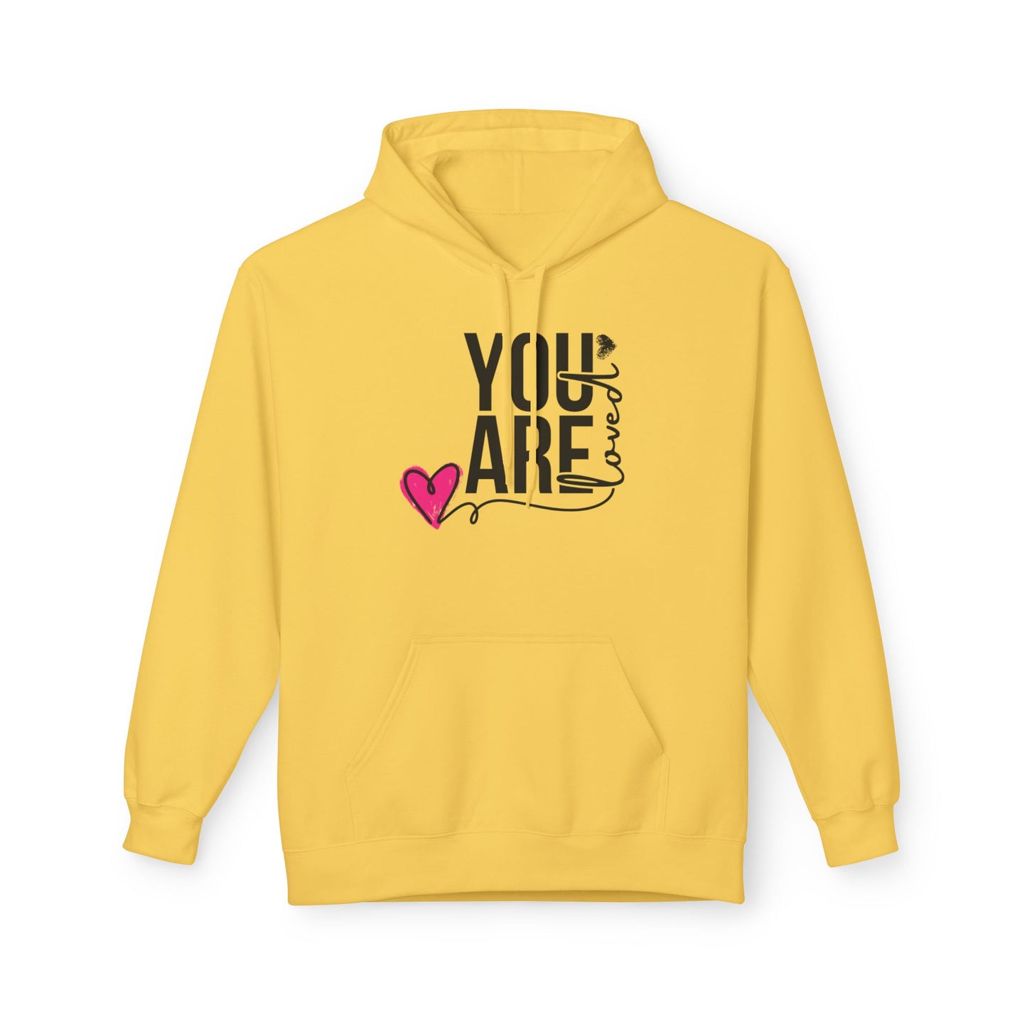 Christ Centered Faith women's Christian hoodie with "You Are Loved" text in black and pink heart on yellow background.