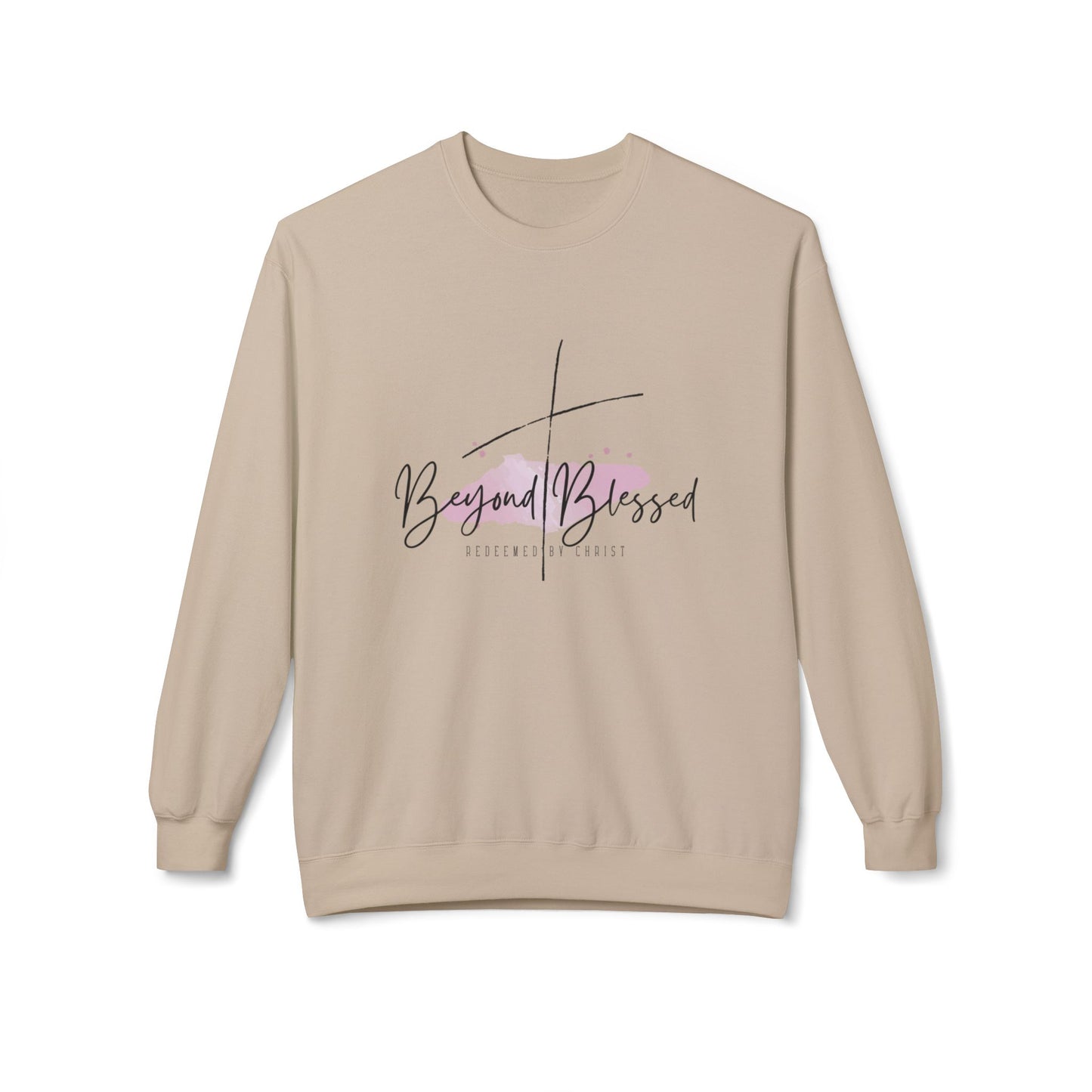 Christ Centered Faith women's Christian sweatshirt with "Beyond Blessed" and "Redeemed By Christ" text and thin black cross design over watercolor pastel mark on beige background.