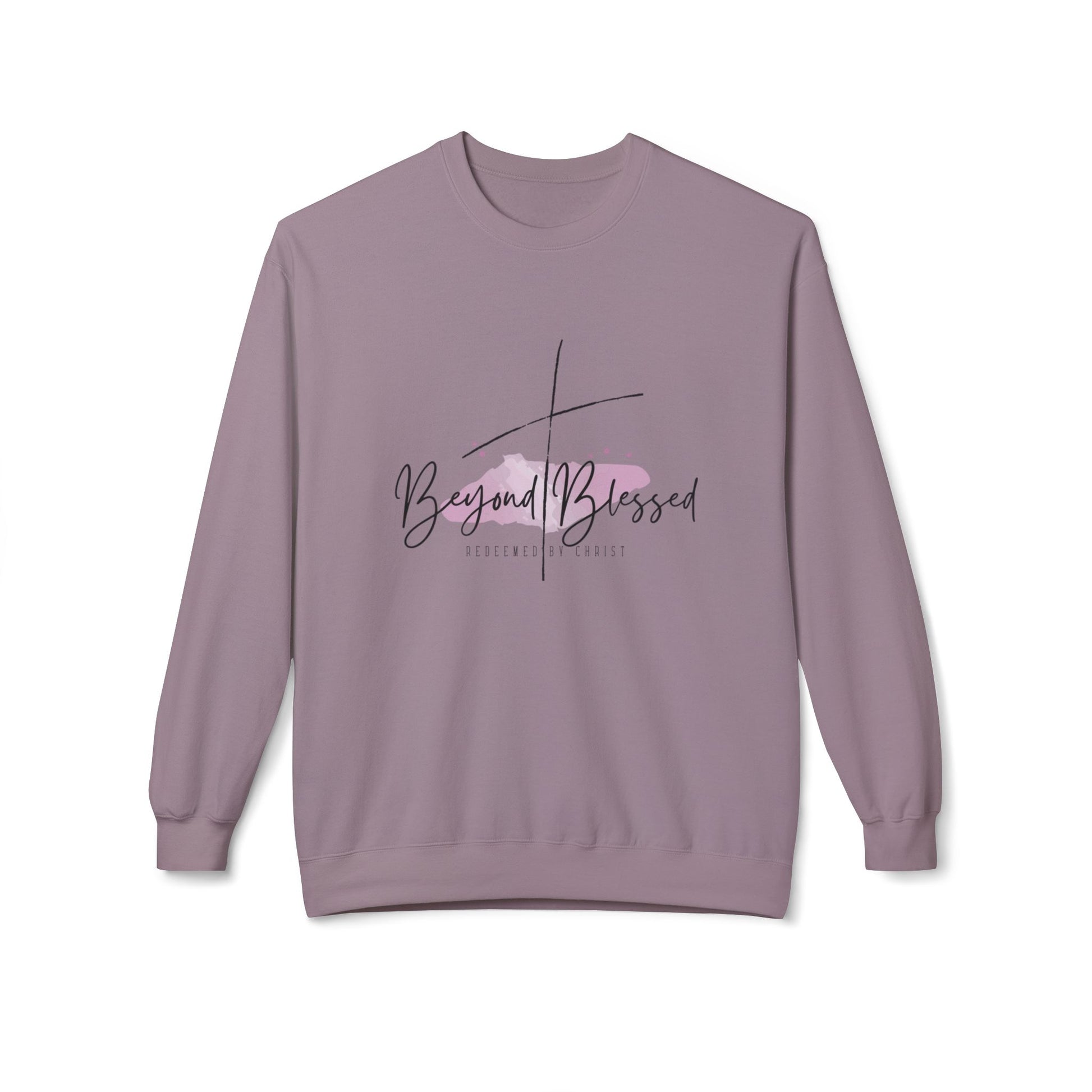 Christ Centered Faith women's Christian sweatshirt with "Beyond Blessed" and "Redeemed By Christ" text and thin black cross design over watercolor pastel mark on violet background.
