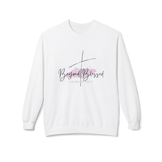 Christ Centered Faith women's Christian sweatshirt with "Beyond Blessed" and "Redeemed By Christ" text and thin black cross design over watercolor pastel mark on white background.