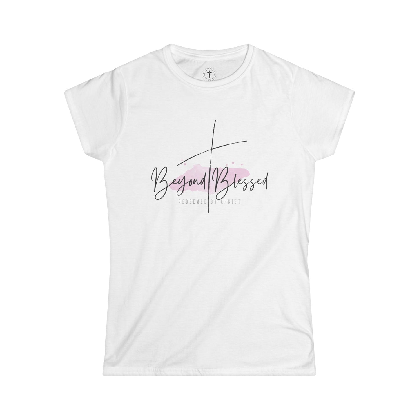 Christ Centered Faith women's Christian T-shirt with "Beyond Blessed" and "Redeemed By Christ" text in black and thin black cross design over watercolor pastel mark on white background.