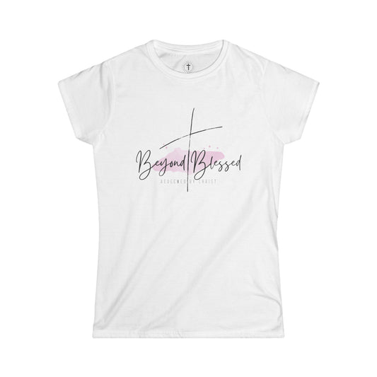Christ Centered Faith women's Christian T-shirt with "Beyond Blessed" and "Redeemed By Christ" text in black and thin black cross design over watercolor pastel mark on white background.