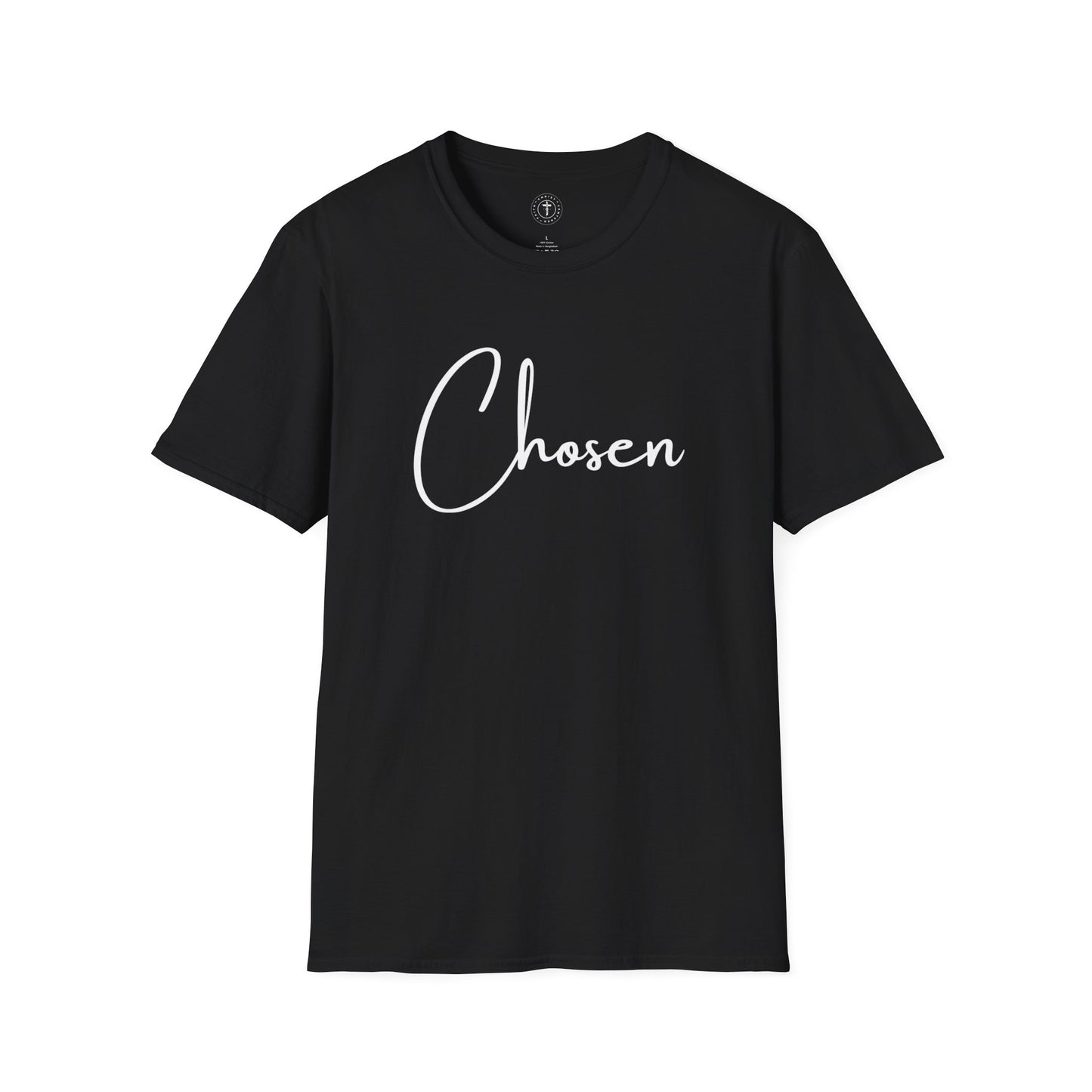 Christ Centered Faith women's Christian t-shirt with "Chosen" text in white on black background.
