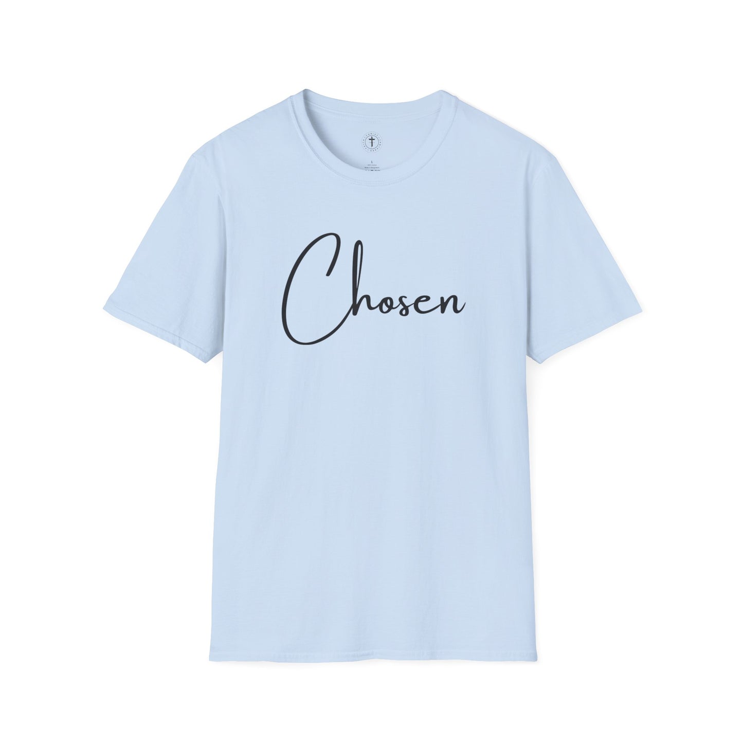 Christ Centered Faith women's Christian t-shirt with "Chosen" text in black on blue background.