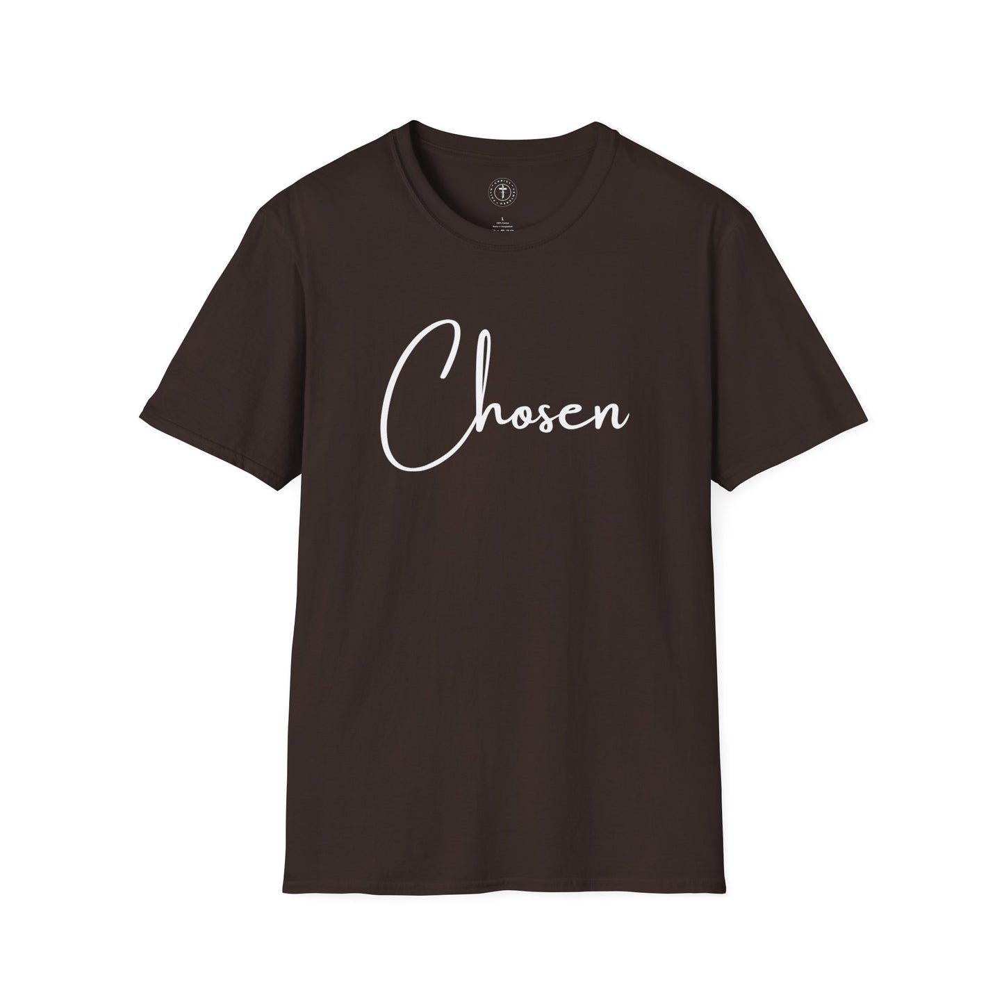 Christ Centered Faith women's Christian t-shirt with "Chosen" text in white on brown background.