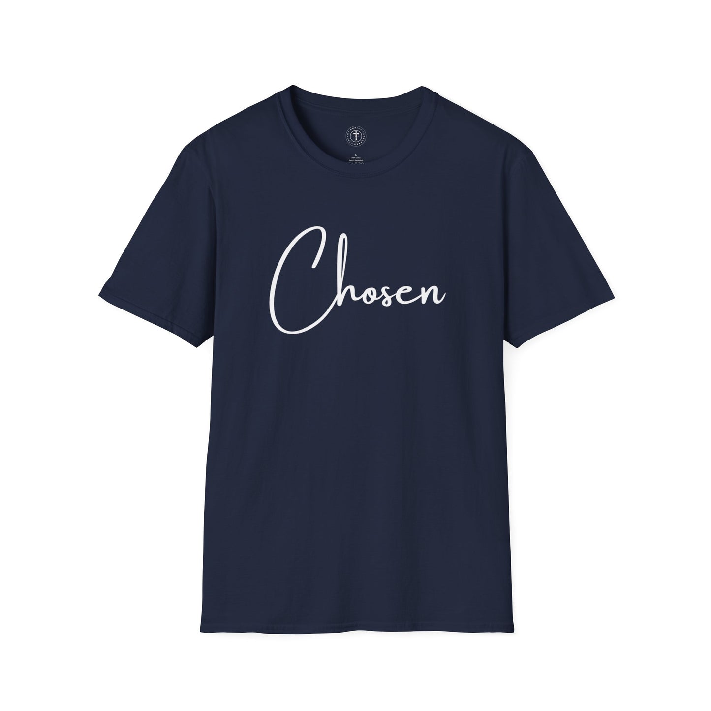 Christ Centered Faith women's Christian t-shirt with "Chosen" text in white on navy background.