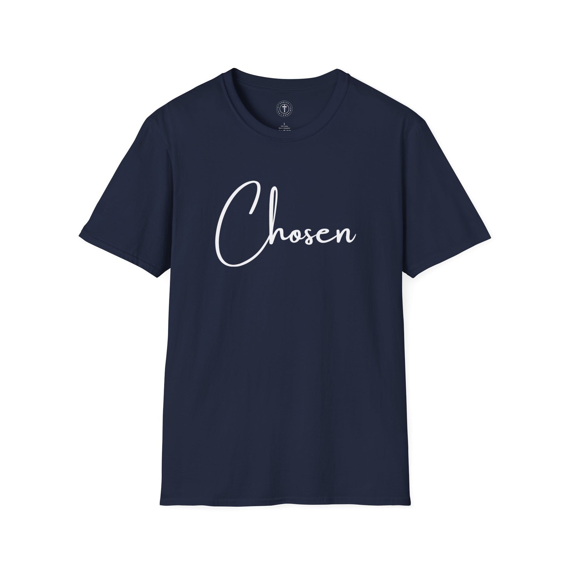 Christ Centered Faith women's Christian t-shirt with "Chosen" text in white on navy background.