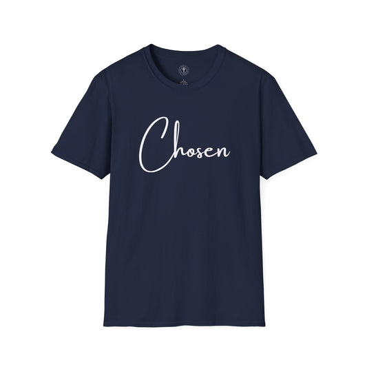 Christ Centered Faith women's Christian t-shirt with "Chosen" text in white on navy background.
