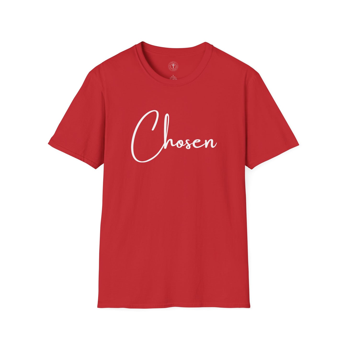 Christ Centered Faith women's Christian t-shirt with "Chosen" text in white on red background.