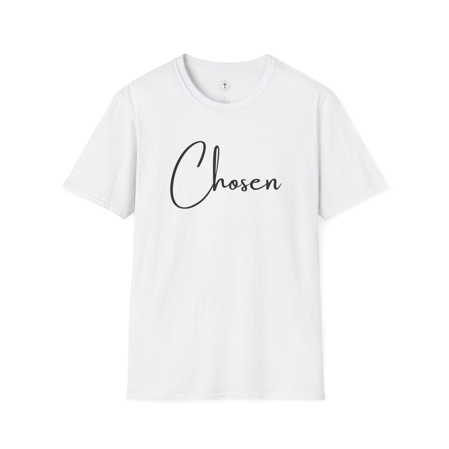 Christ Centered Faith women's Christian t-shirt with "Chosen" text in black on white background.