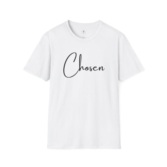 Christ Centered Faith women's Christian t-shirt with "Chosen" text in black on white background.