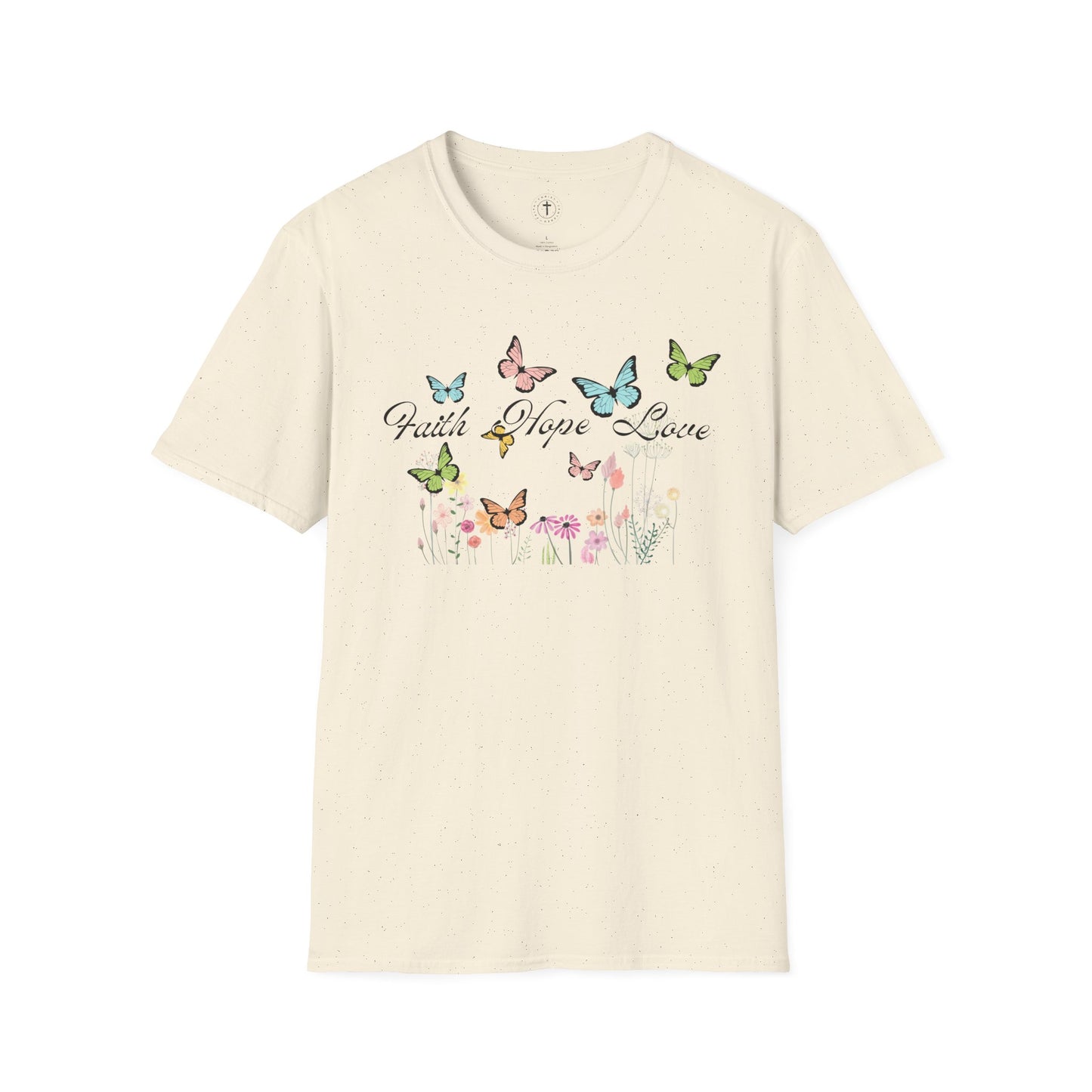 Christ Centered Faith women's Christian t-shirt with "Faith Hope Love" text in black surrounded by multicolor butterflies and flowers on beige background.