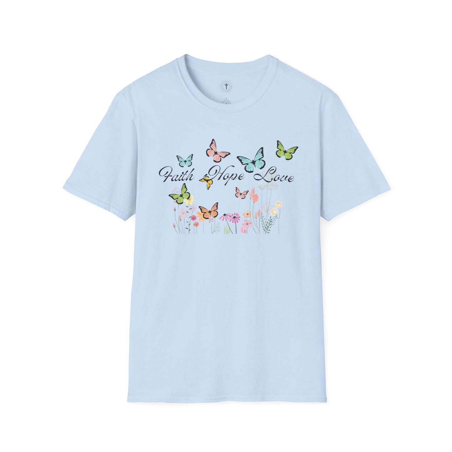 Christ Centered Faith women's Christian t-shirt with "Faith Hope Love" text in black surrounded by multicolor butterflies and flowers on blue background.