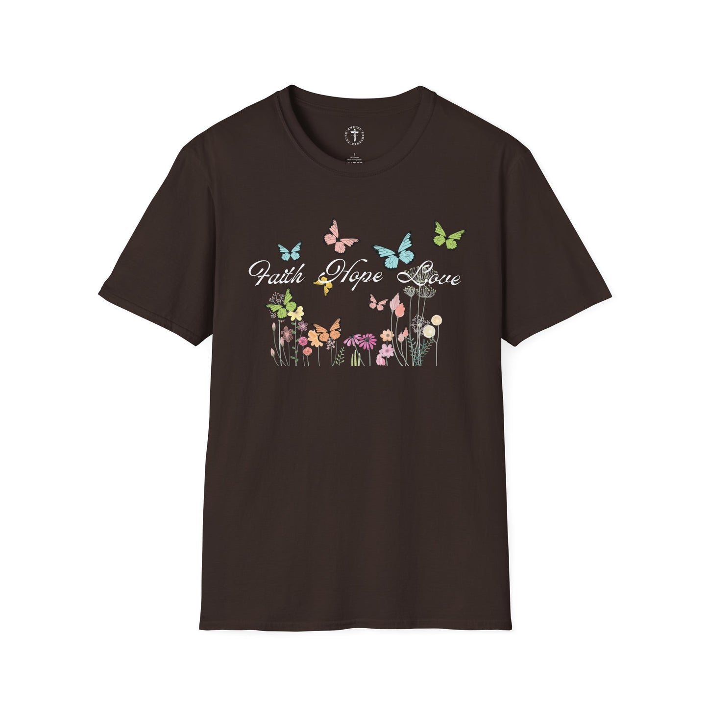 Christ Centered Faith women's Christian t-shirt with "Faith Hope Love" text in black surrounded by multicolor butterflies and flowers on brown background.