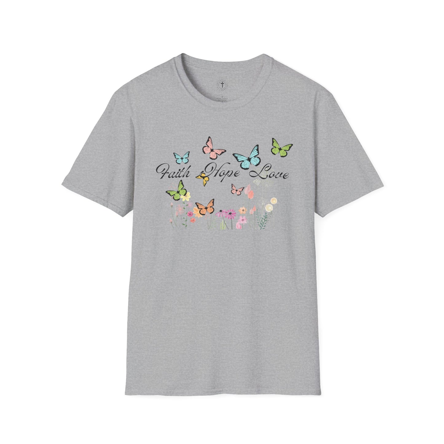 Christ Centered Faith women's Christian t-shirt with "Faith Hope Love" text in black surrounded by multicolor butterflies and flowers on gray background.