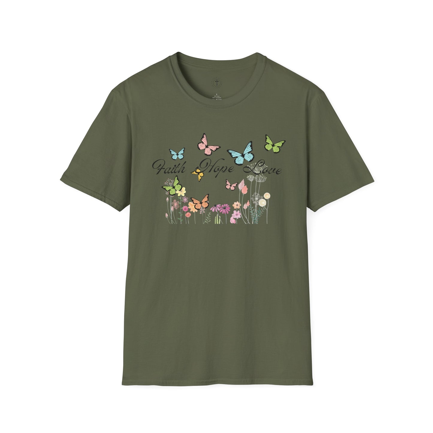 Christ Centered Faith women's Christian t-shirt with "Faith Hope Love" text in black surrounded by multicolor butterflies and flowers on military green background.