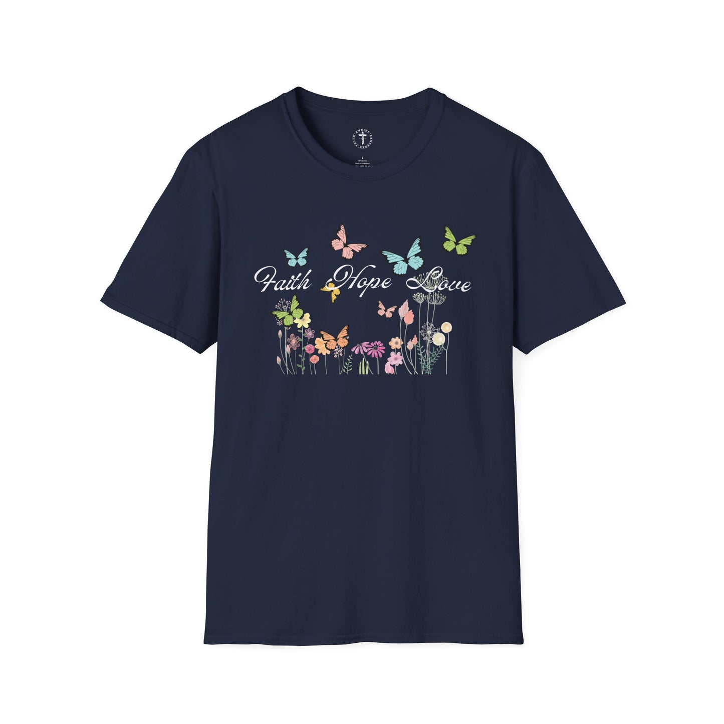 Christ Centered Faith women's Christian t-shirt with "Faith Hope Love" text in black surrounded by multicolor butterflies and flowers on navy background.