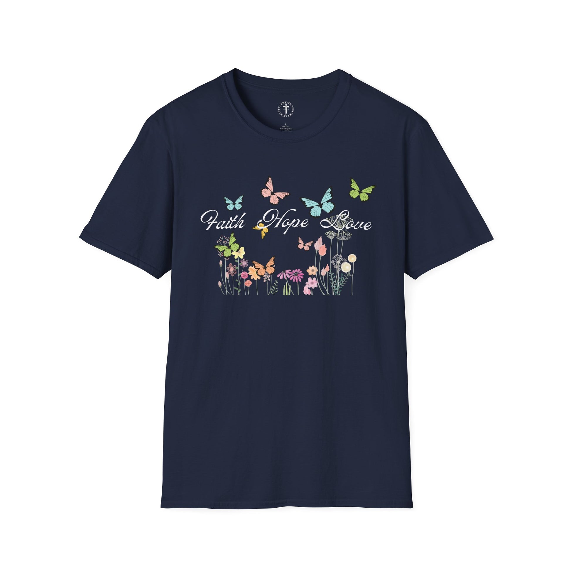 Christ Centered Faith women's Christian t-shirt with "Faith Hope Love" text in black surrounded by multicolor butterflies and flowers on navy background.