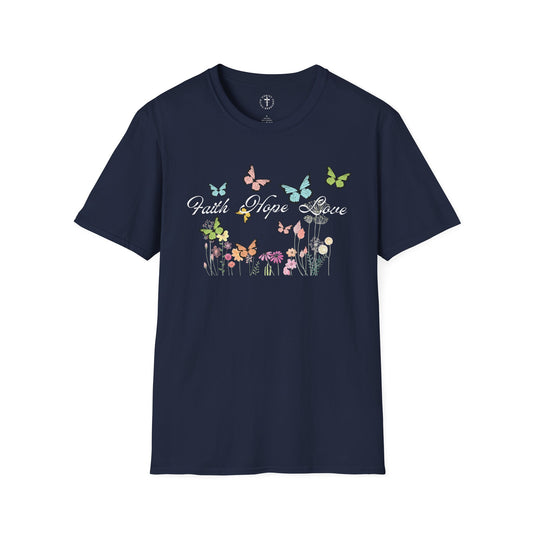 Christ Centered Faith women's Christian t-shirt with "Faith Hope Love" text in black surrounded by multicolor butterflies and flowers on navy background.
