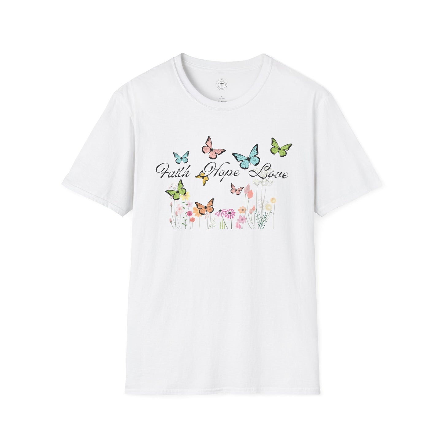 Christ Centered Faith women's Christian t-shirt with "Faith Hope Love" text in black surrounded by multicolor butterflies and flowers on white background.