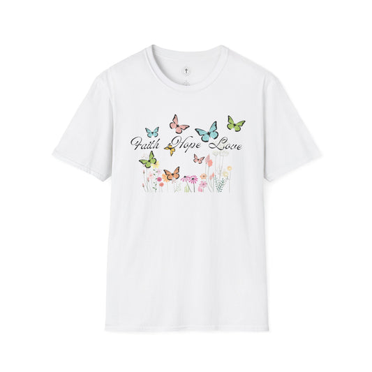 Christ Centered Faith women's Christian t-shirt with "Faith Hope Love" text in black surrounded by multicolor butterflies and flowers on white background.
