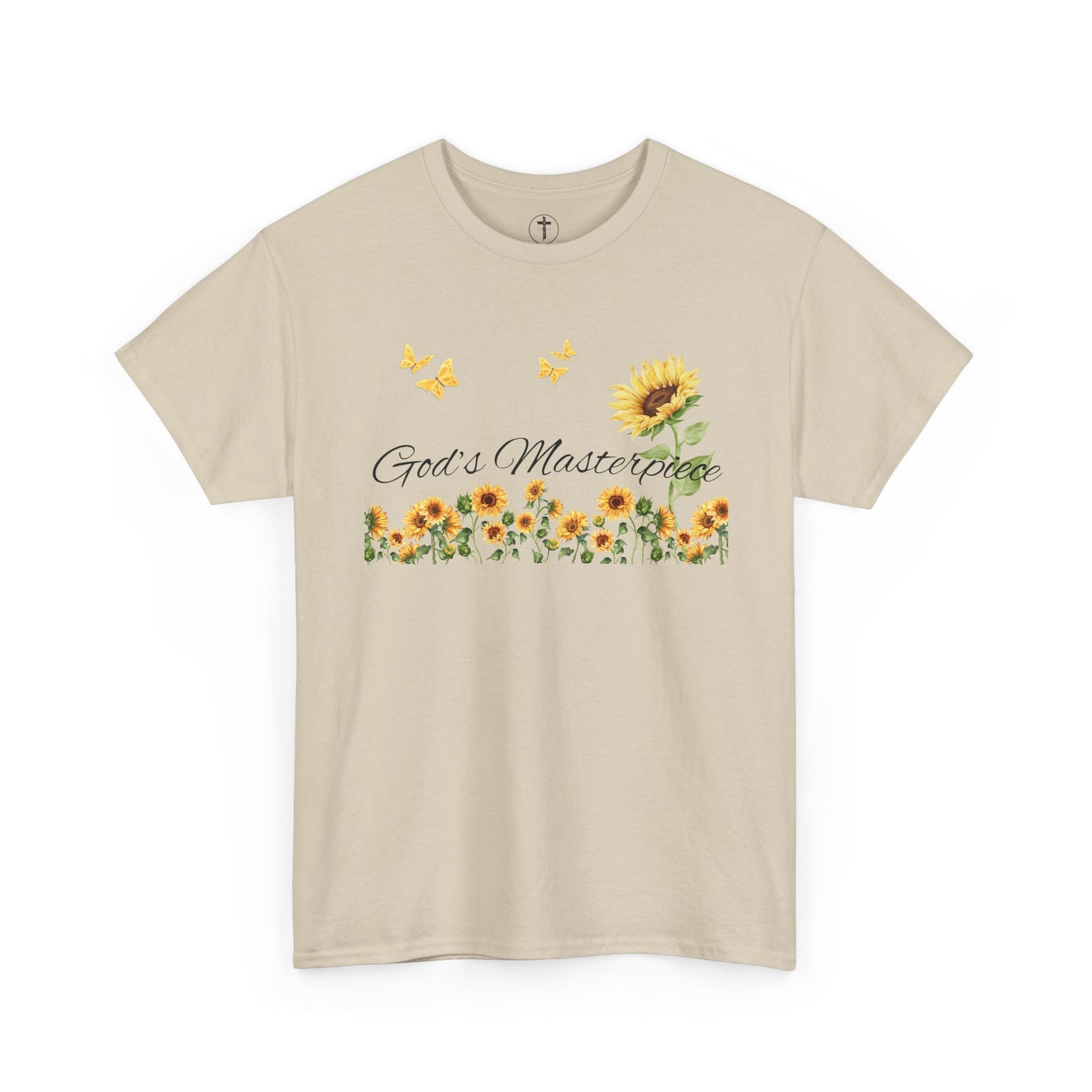 Christ Centered Faith women's Christian t-shirt with "God's Masterpiece" text in black surrounded by sunflowers and yellow butterflies on beige background.