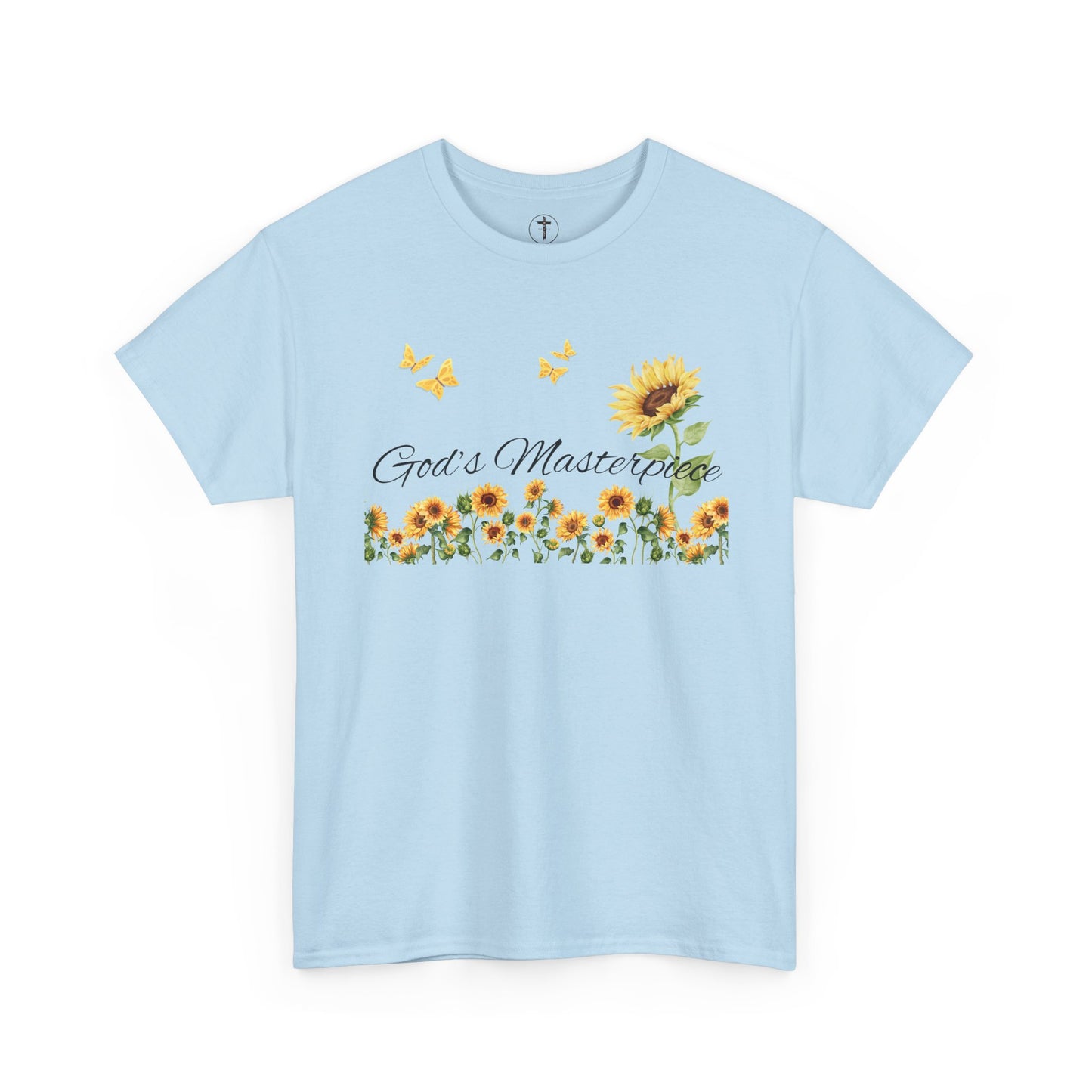 Christ Centered Faith women's Christian t-shirt with "God's Masterpiece" text in black surrounded by sunflowers and yellow butterflies on blue background.