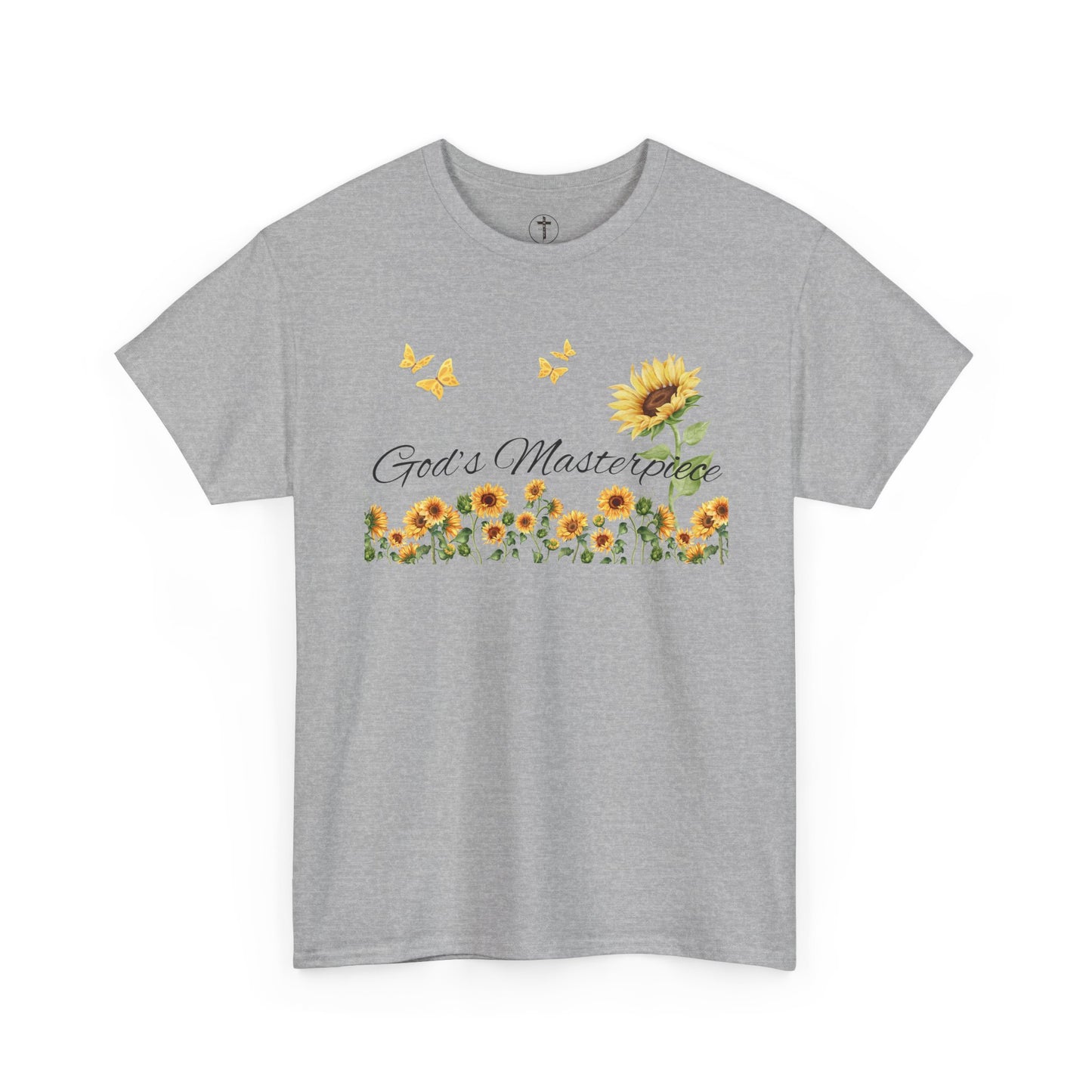 Christ Centered Faith women's Christian t-shirt with "God's Masterpiece" text in black surrounded by sunflowers and yellow butterflies on gray background.