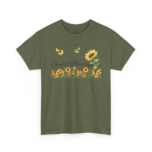 Christ Centered Faith women's Christian t-shirt with "God's Masterpiece" text in black surrounded by sunflowers and yellow butterflies on military green background.