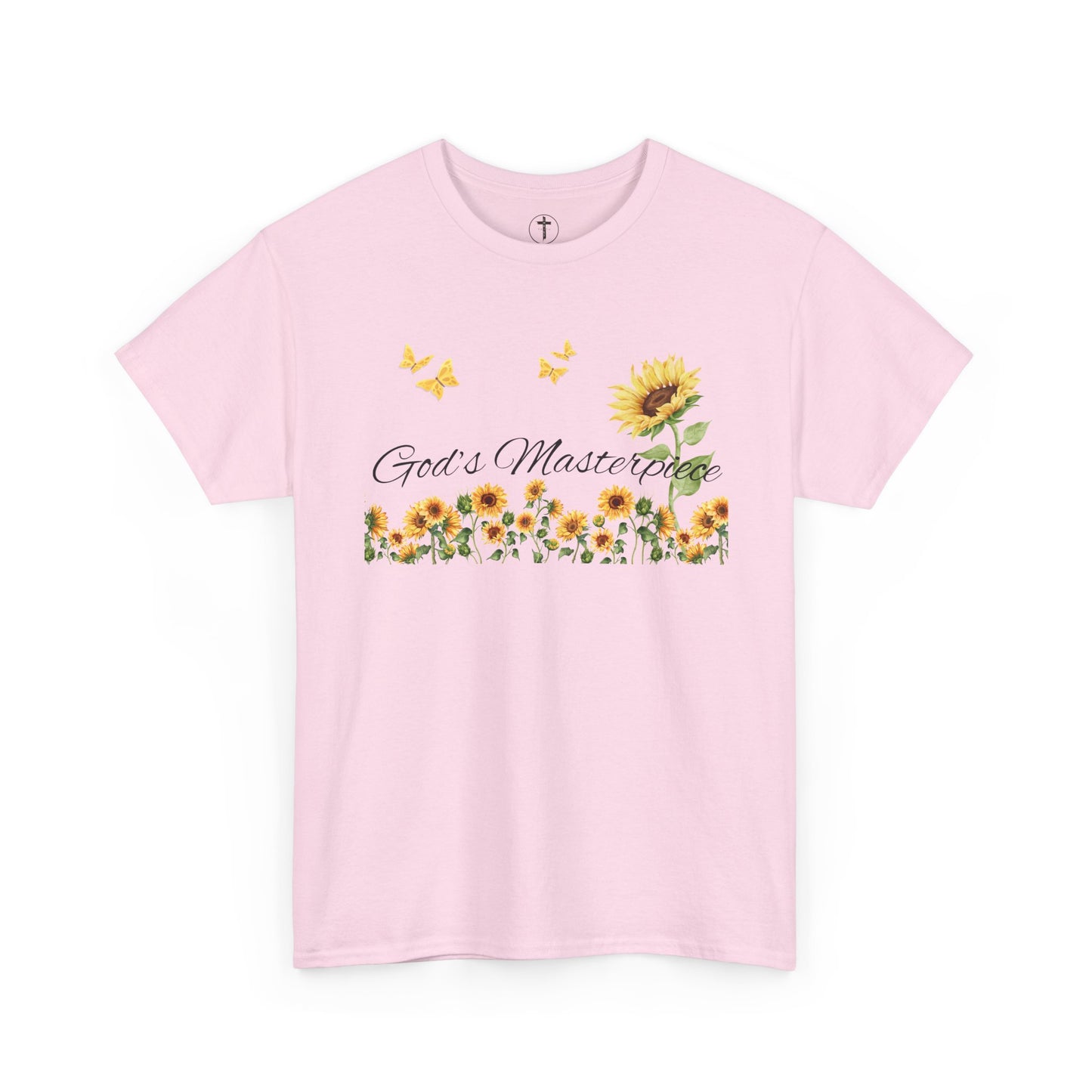 Christ Centered Faith women's Christian t-shirt with "God's Masterpiece" text in black surrounded by sunflowers and yellow butterflies on pink background.