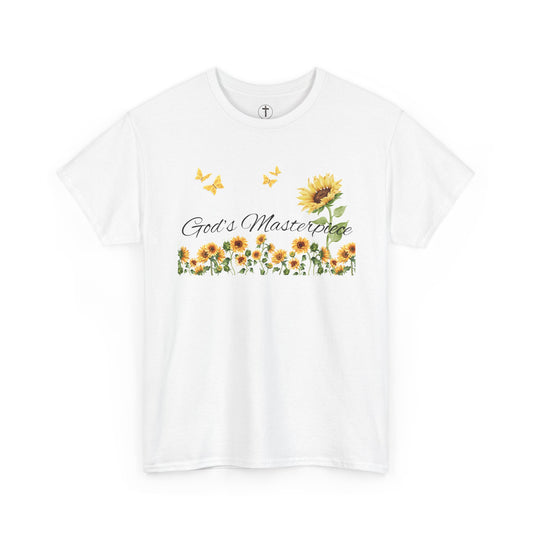 Christ Centered Faith women's Christian t-shirt with "God's Masterpiece" text in black surrounded by sunflowers and yellow butterflies on white background.