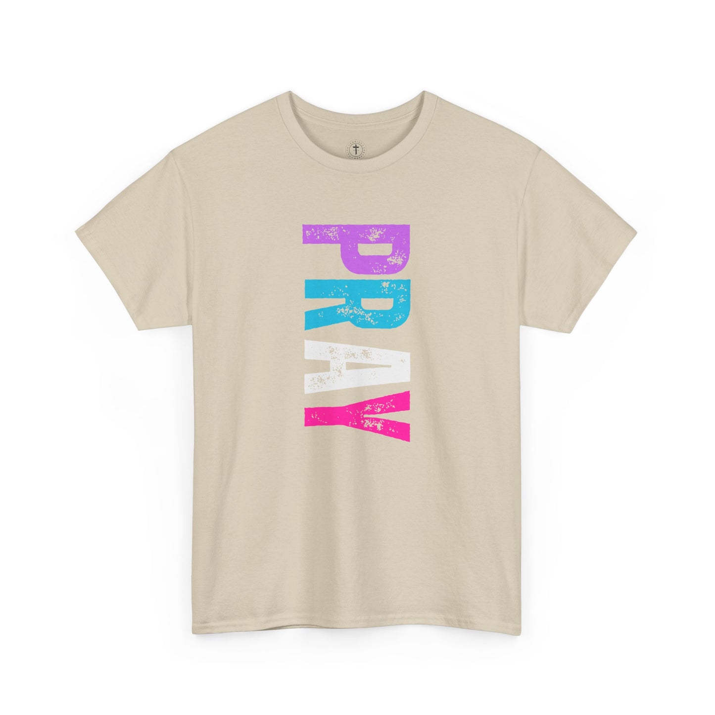 Christ Centered Faith women's Christian t-shirt with multicolor "Pray" text on beige background.
